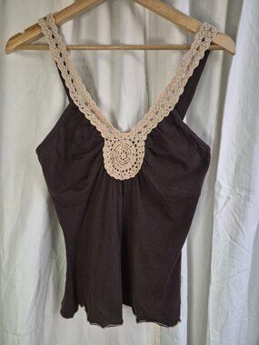Rave Brown Small Crochet Retro 90s Y2K Party Boho Peasant Tank Top
